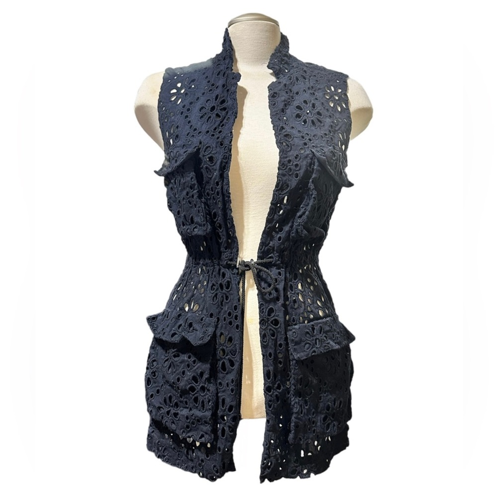 Zara Women Navy Blue Eyelet Cutout Military Sleeveless Jacket Vest Sz Small